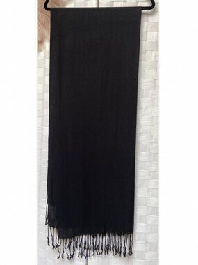 Pashmina Large Black Silk Tassel Rectangle Scarf